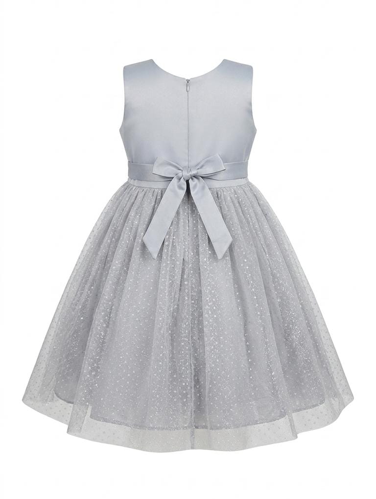 Girls Silver Glitter Party Dress with Organza Ruffle Bow