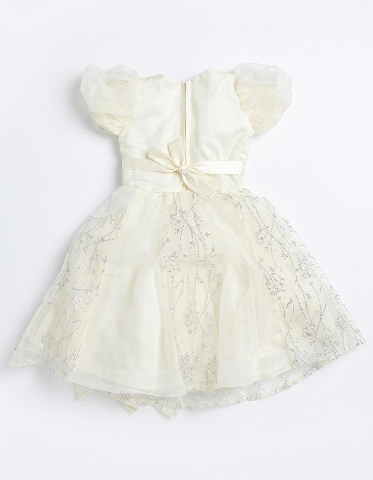 Girls Ivory Floral Party Dress with Organza Rosette & Puff Sleeves