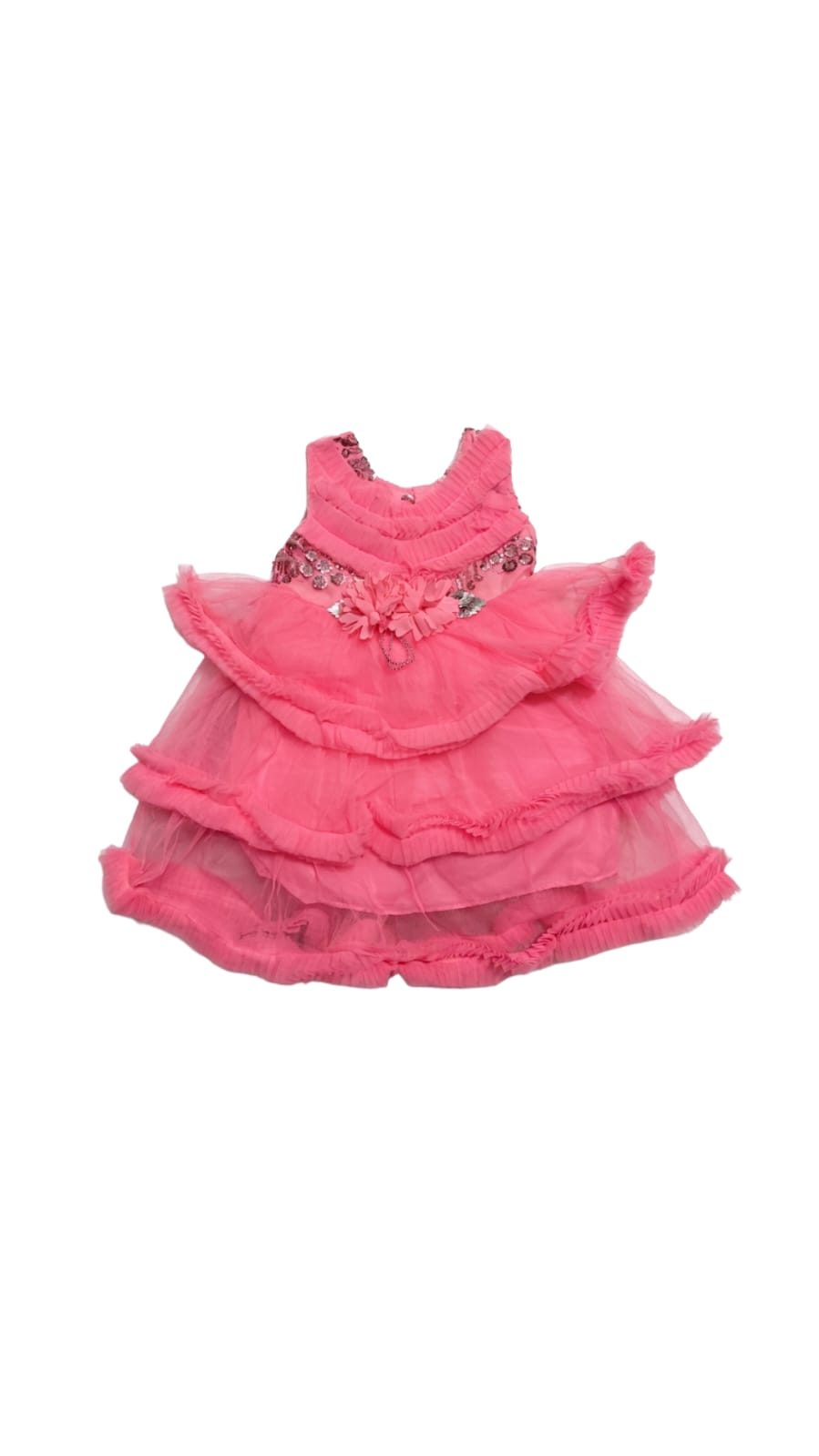 Baby Girls Pink Layered Party Dress with Floral & Sequin Embellishments