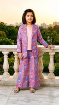 Girls Lavender Floral 3-Piece Co-Ord Set with Blazer & Embellished Palazzo Pants