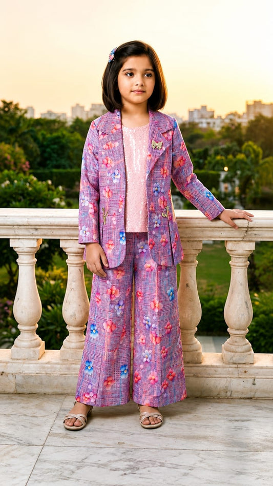 Girls Lavender Floral 3-Piece Co-Ord Set with Blazer & Embellished Palazzo Pants