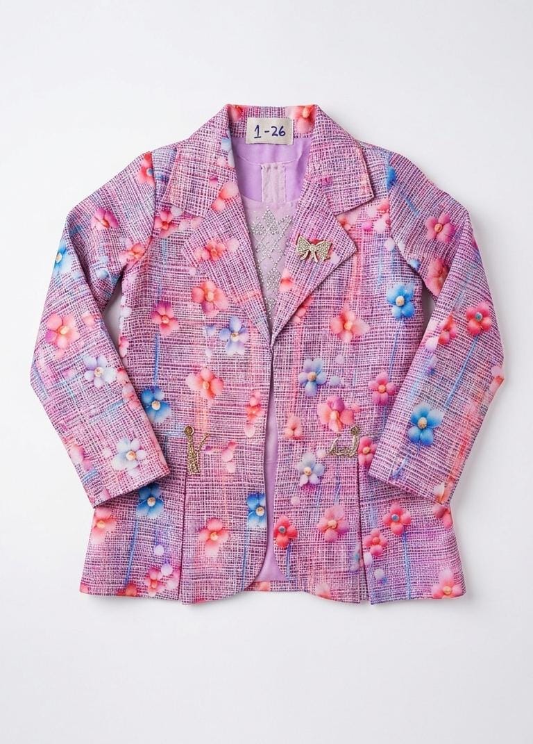 Girls Lavender Floral 3-Piece Co-Ord Set with Blazer & Embellished Palazzo Pants
