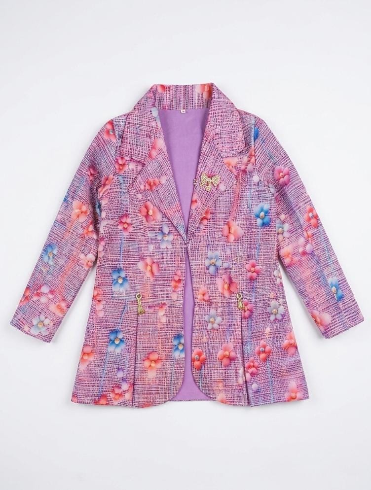 Girls Lavender Floral 3-Piece Co-Ord Set with Blazer & Embellished Palazzo Pants