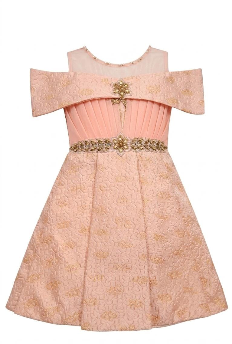 Girls' Peach Off-Shoulder Party Dress with Gold Embellishments