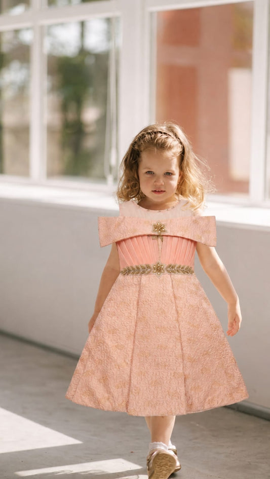Girls' Peach Off-Shoulder Party Dress with Gold Embellishments