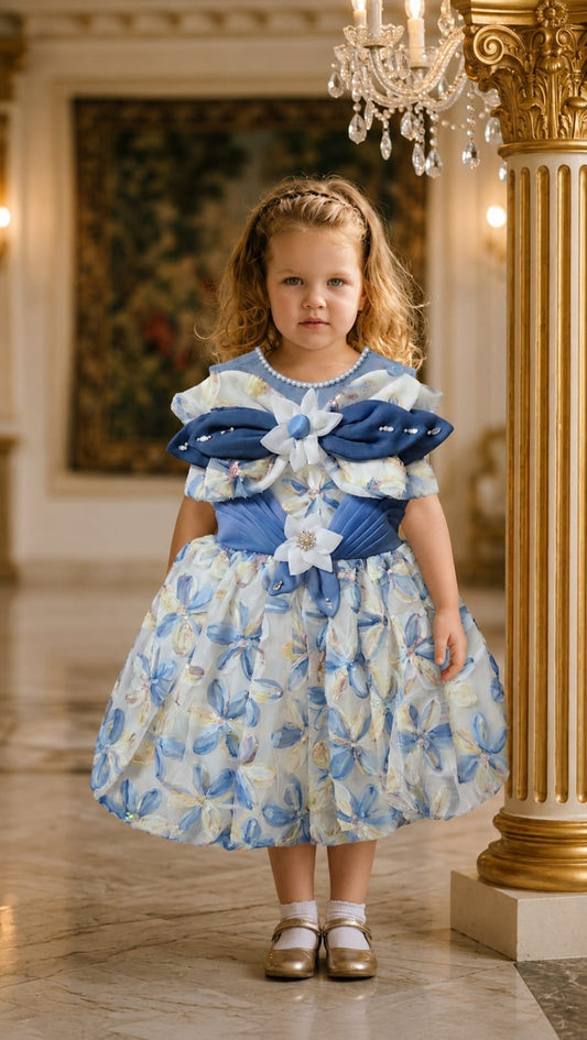 Girls' Blue Floral Party Dress with 3D Flower & Pearl Detail