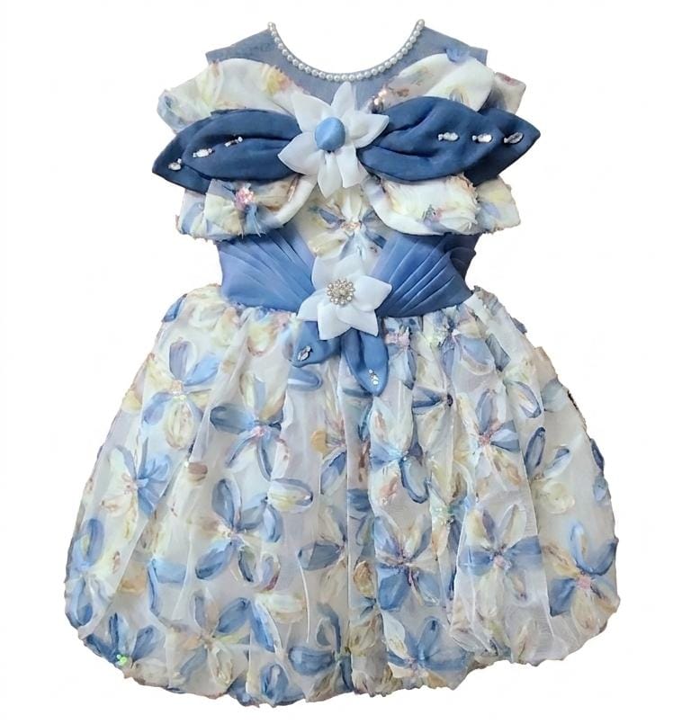 Girls' Blue Floral Party Dress with 3D Flower & Pearl Detail