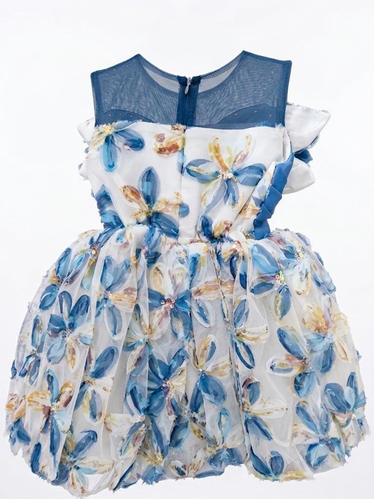 Girls' Blue Floral Party Dress with 3D Flower & Pearl Detail