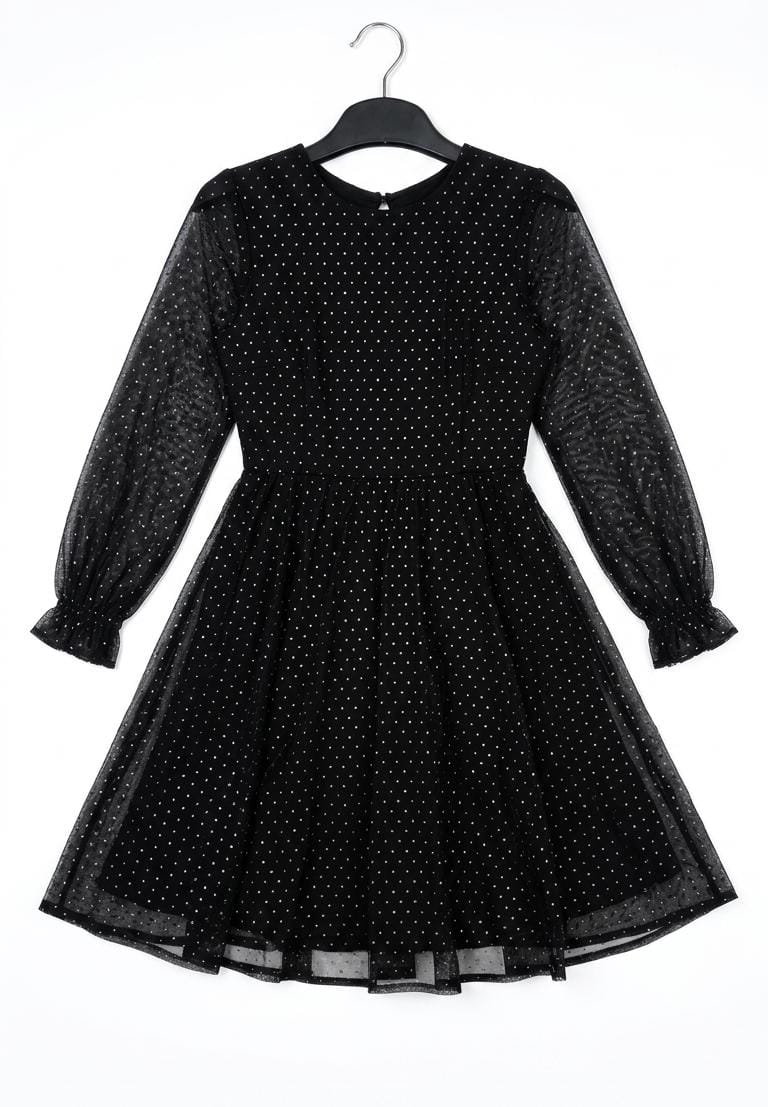 Girls Black Glitter Layered Party Gown with Crystal Embellishment