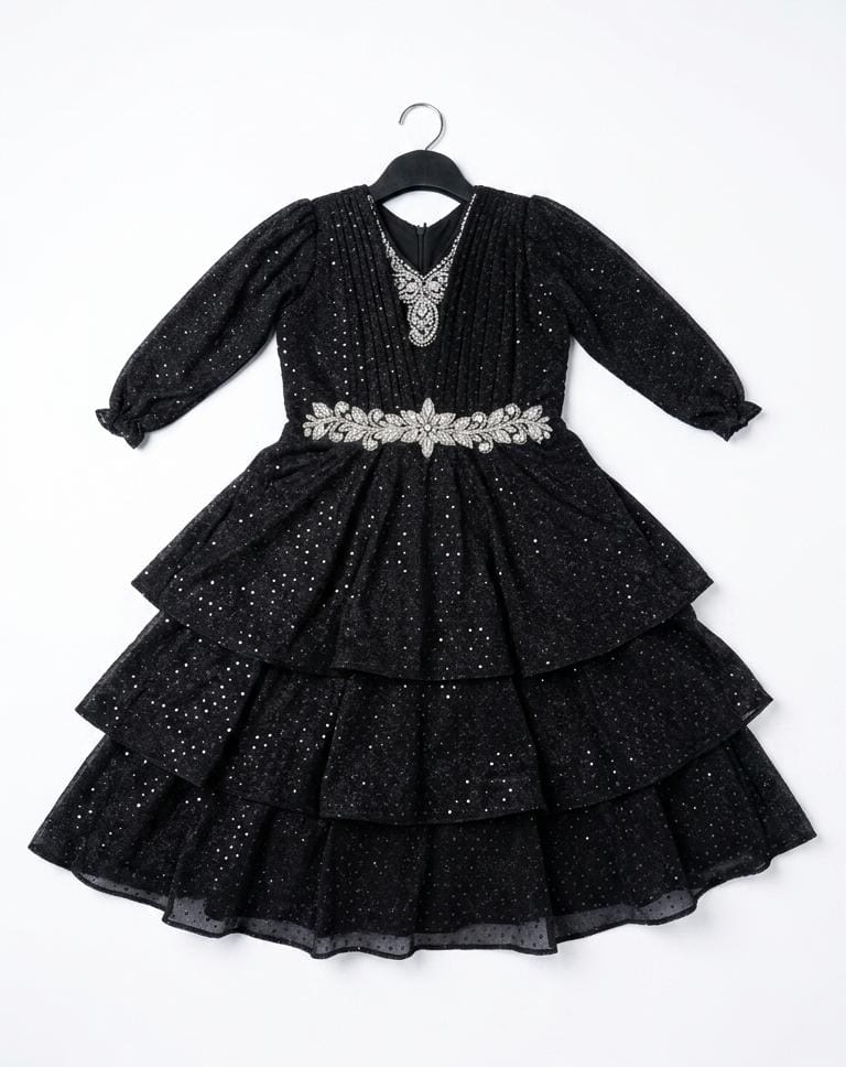 Girls Black Glitter Layered Party Gown with Crystal Embellishment