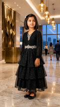 Girls Black Glitter Layered Party Gown with Crystal Embellishment