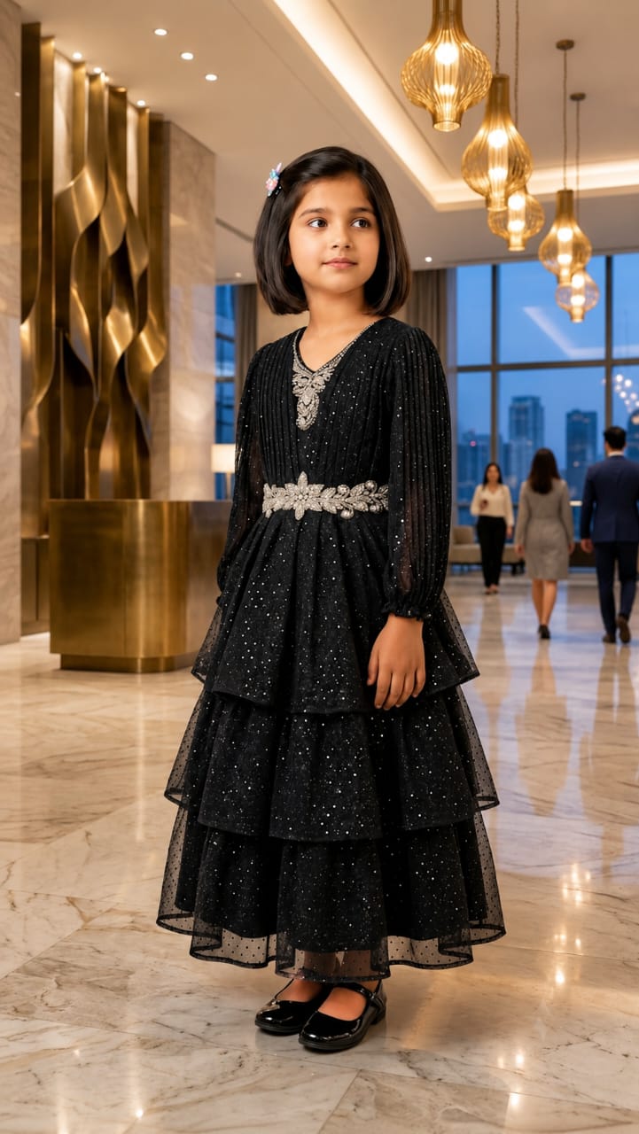 Girls Black Glitter Layered Party Gown with Crystal Embellishment