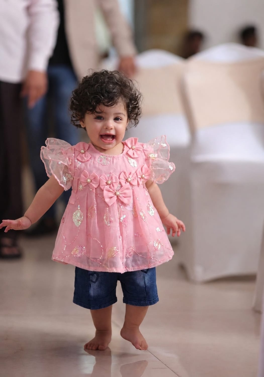 Baby Girls Pink Bow Party Top & Denim Shorts 2-Piece Outfit