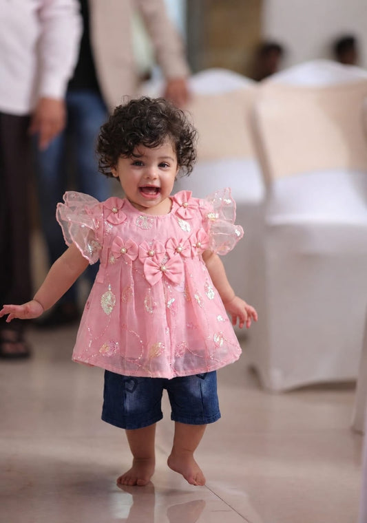 Baby Girls Pink Bow Party Top & Denim Shorts 2-Piece Outfit
