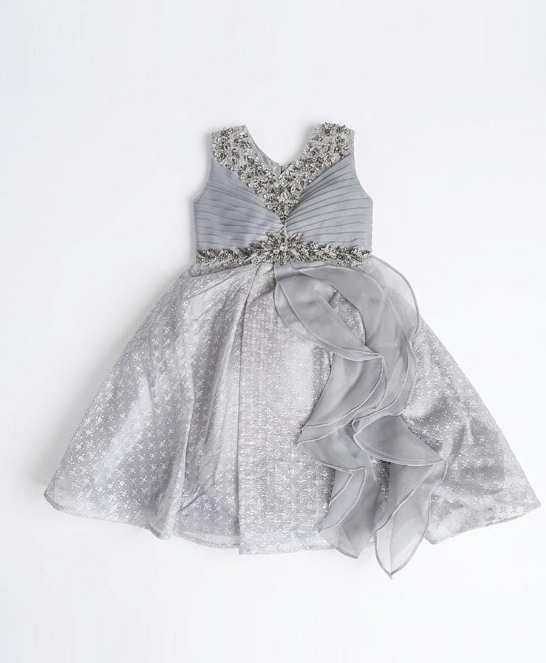 Girls Silver Glitter Party Dress with Organza Ruffle Bow