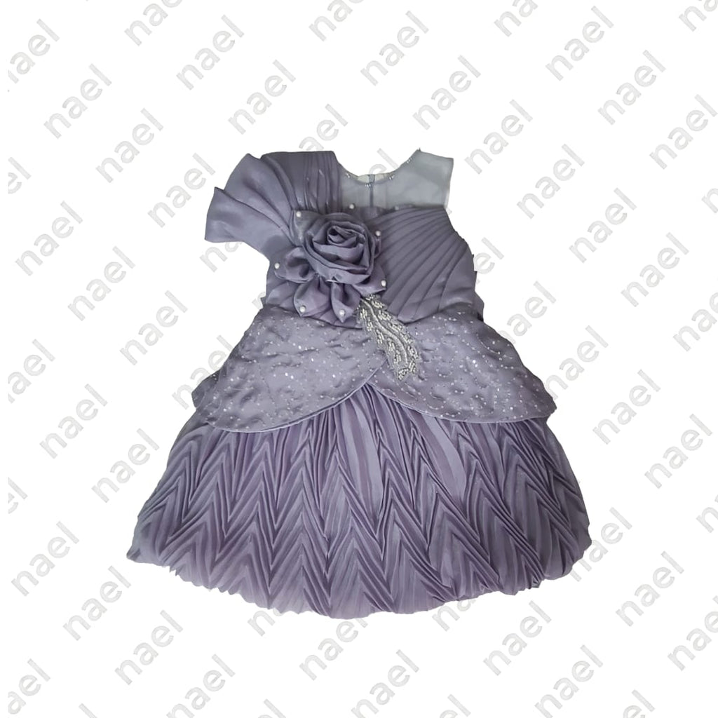 Girls Grey One-Shoulder Party Dress with 3D Floral Appliqué