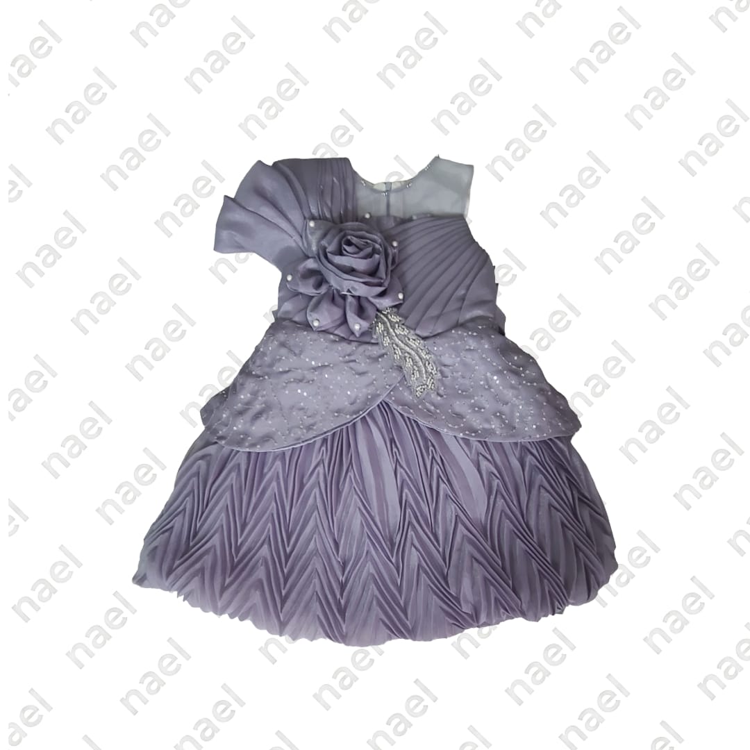 Girls Grey One-Shoulder Party Dress with 3D Floral Appliqué