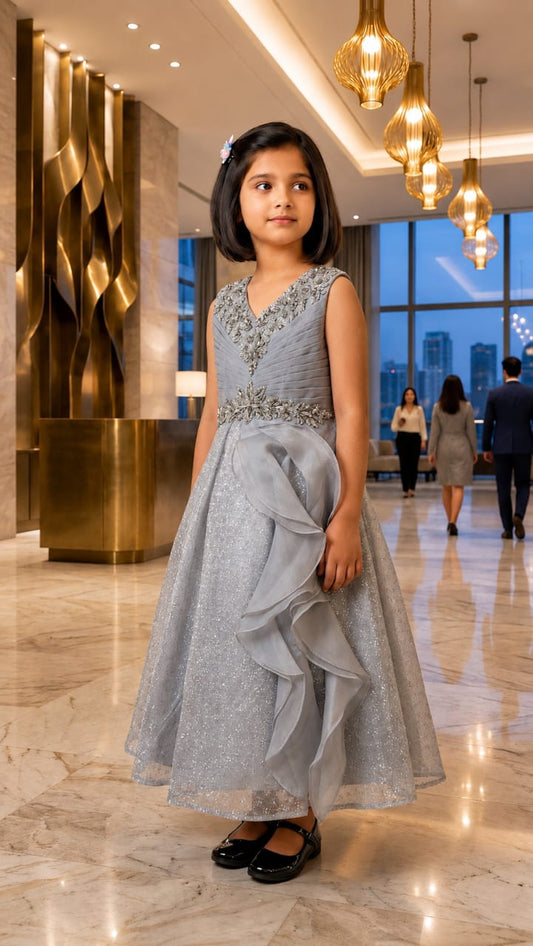 Girls Silver Glitter Party Dress with Organza Ruffle Bow