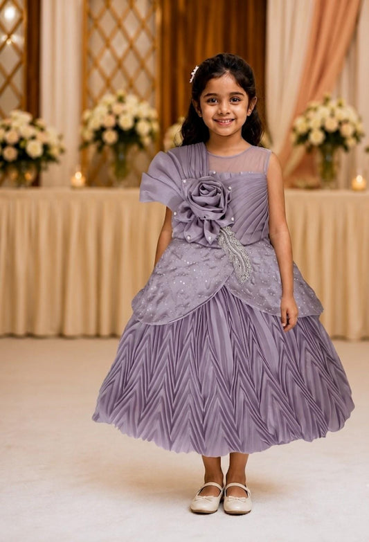 Girls Grey One-Shoulder Party Dress with 3D Floral Appliqué