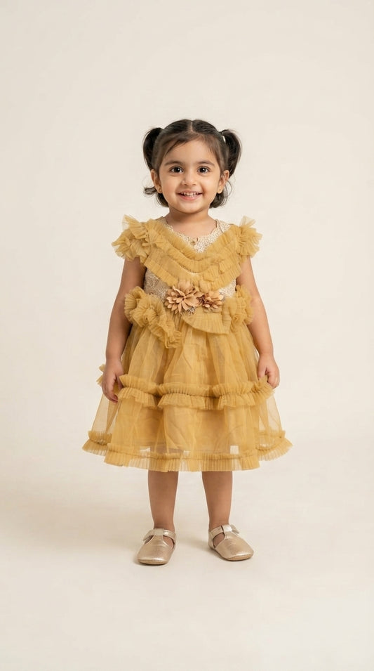 Baby Girls Champagne Gold Layered Party Dress with Floral Embellishments