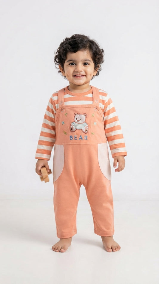 Cute Bear Baby 2-Piece Dungaree Set – Peach & White