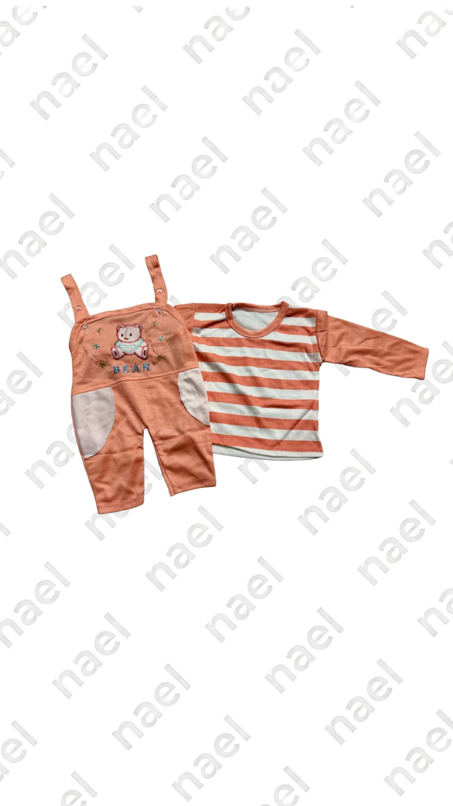 Cute Bear Baby 2-Piece Dungaree Set – Peach & White