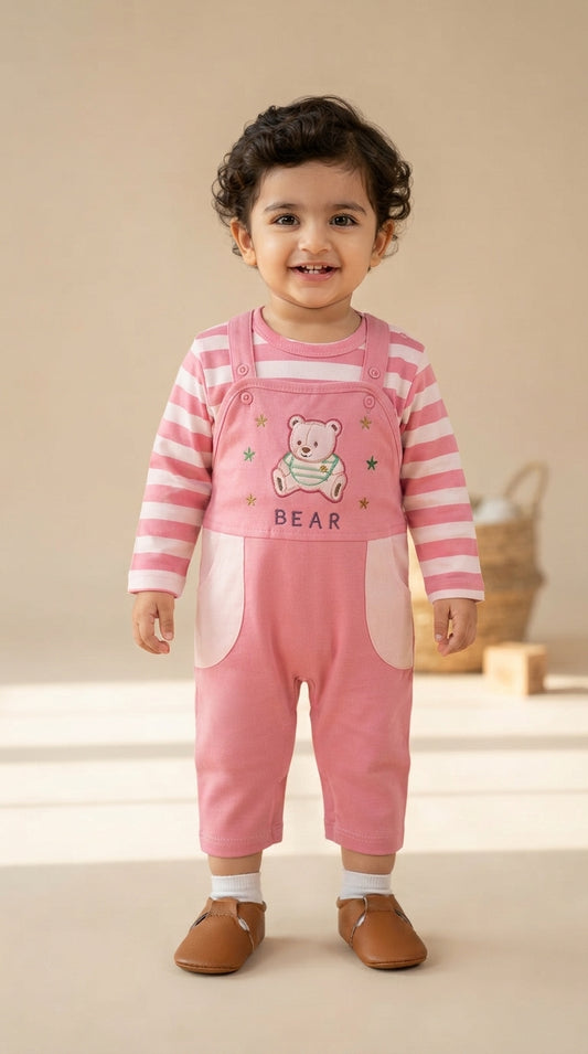 Cute Bear Baby 2-Piece Dungaree Set – Pink & White