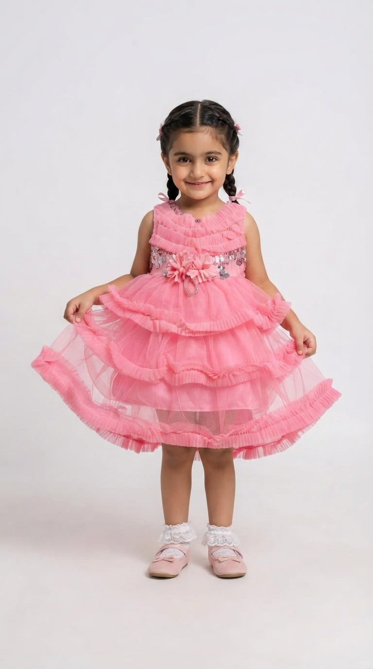 Baby Girls Pink Layered Party Dress with Floral & Sequin Embellishments