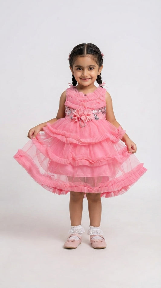 Baby Girls Pink Layered Party Dress with Floral & Sequin Embellishments