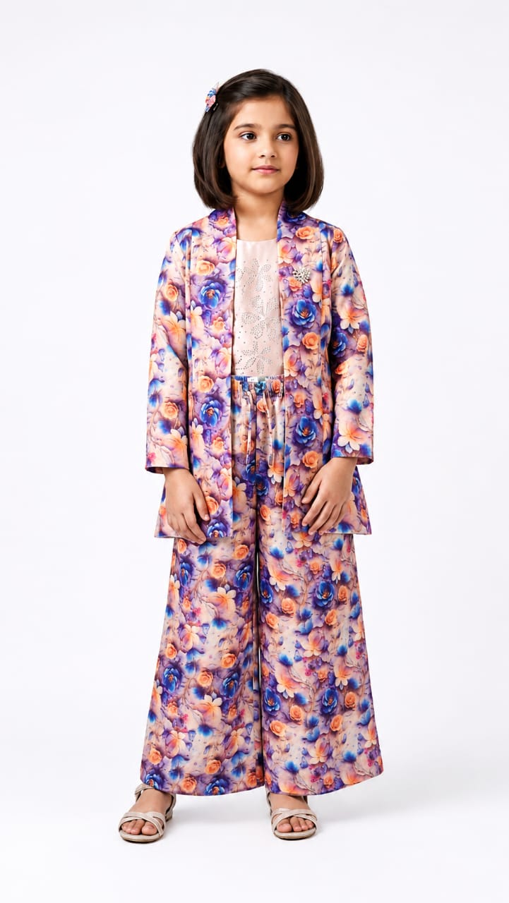 Girls Floral 3-Piece Co-Ord Set with Blazer, Embellished Top & Wide-Leg Pants