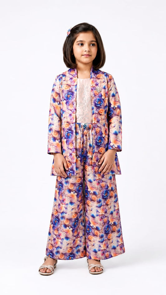 Girls Floral 3-Piece Co-Ord Set with Blazer, Embellished Top & Wide-Leg Pants