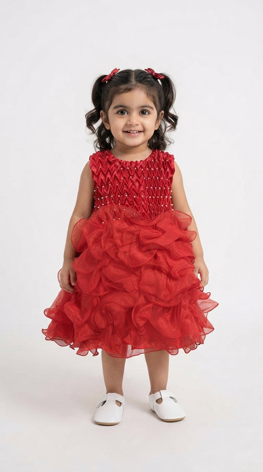 Baby Girls Red Ruffle Party Dress with Sequined Bodice