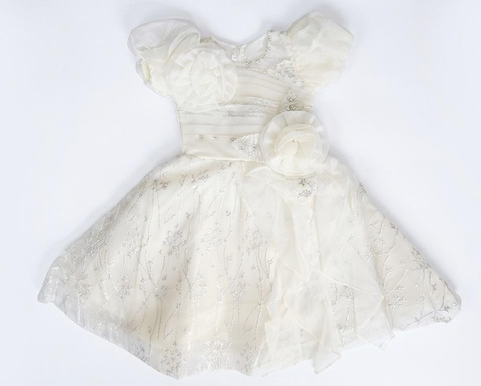 Girls Ivory Floral Party Dress with Organza Rosette & Puff Sleeves