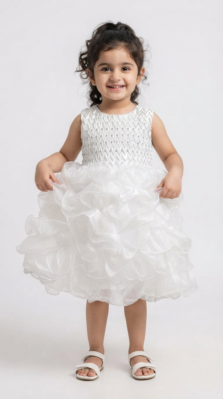 Baby Girls White Ruffle Party Dress with Sequined Bodice