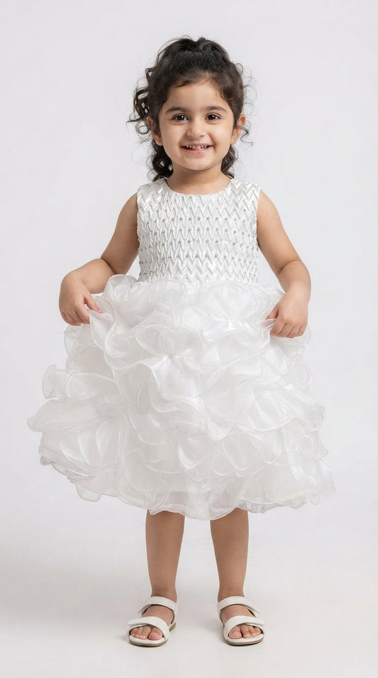 Baby Girls White Ruffle Party Dress with Sequined Bodice