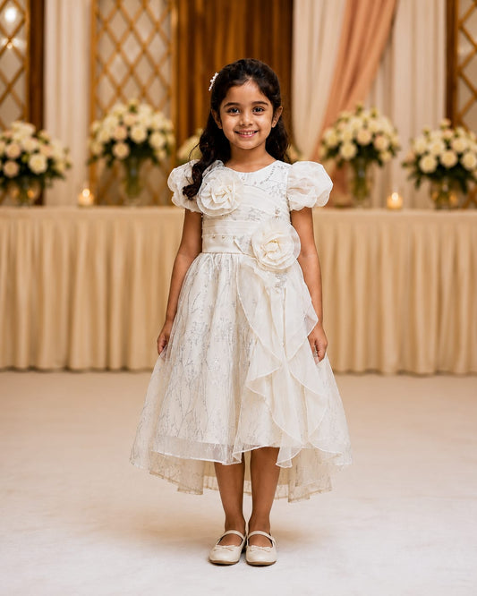 Girls Ivory Floral Party Dress with Organza Rosette & Puff Sleeves
