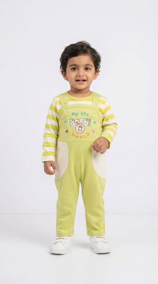 Boss World Baby 2-Piece Dungaree Set – Lime Green & White