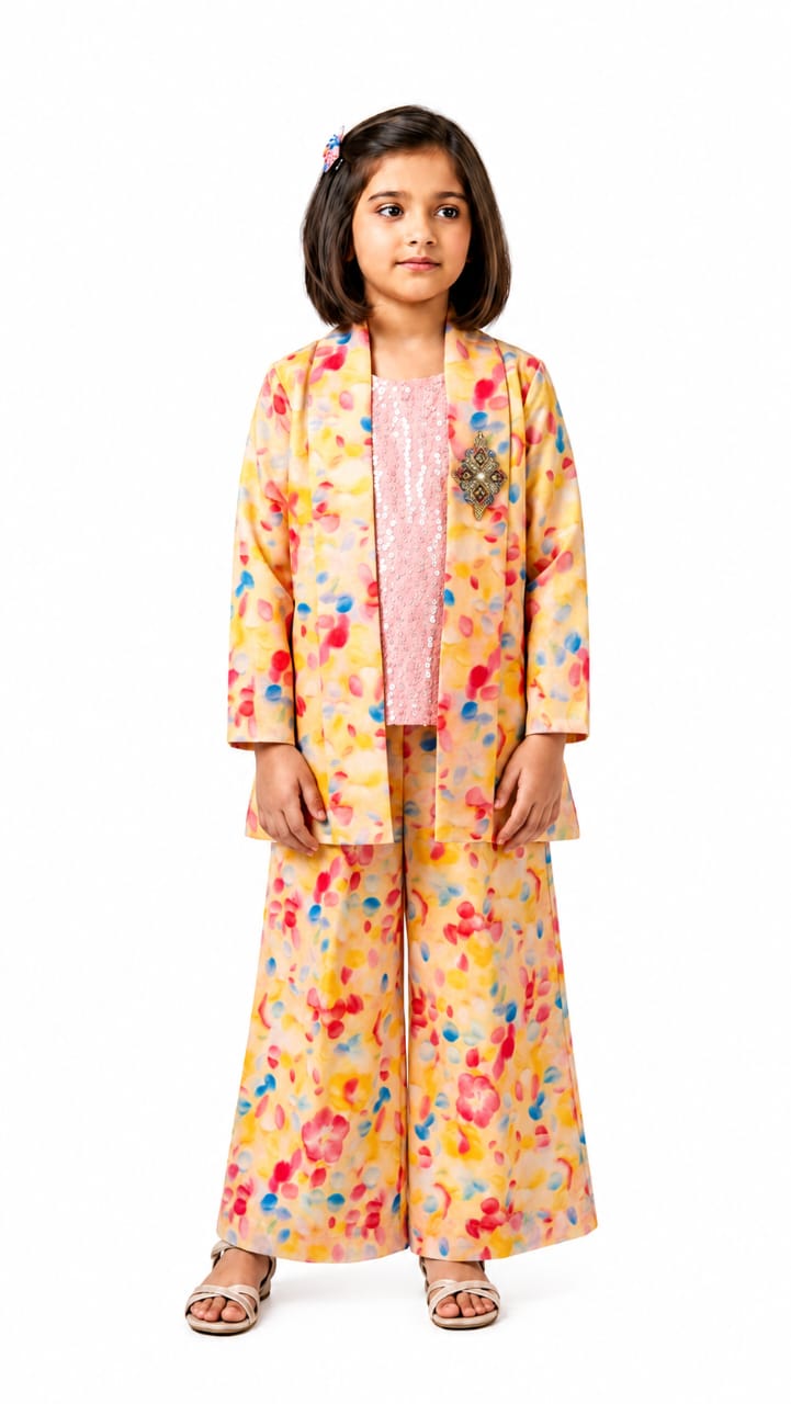 Girls Pastel Floral 3-Piece Co-Ord Set with Sequin Top & Wide-Leg Pants
